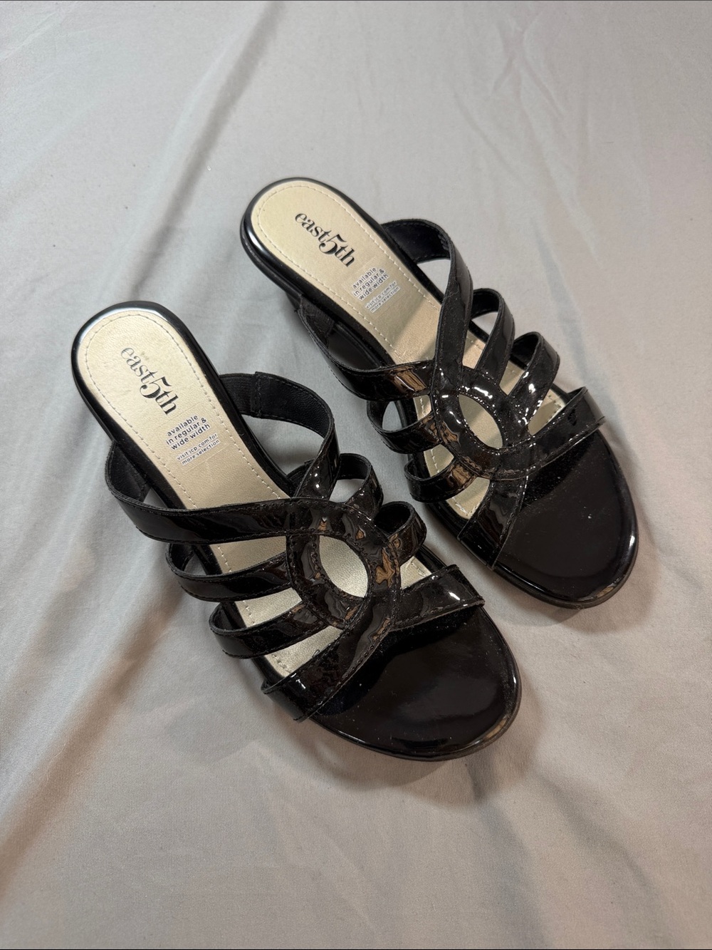 East 5th Black Patent Slide Mules with Strappy Circular Detail women's size 6.5